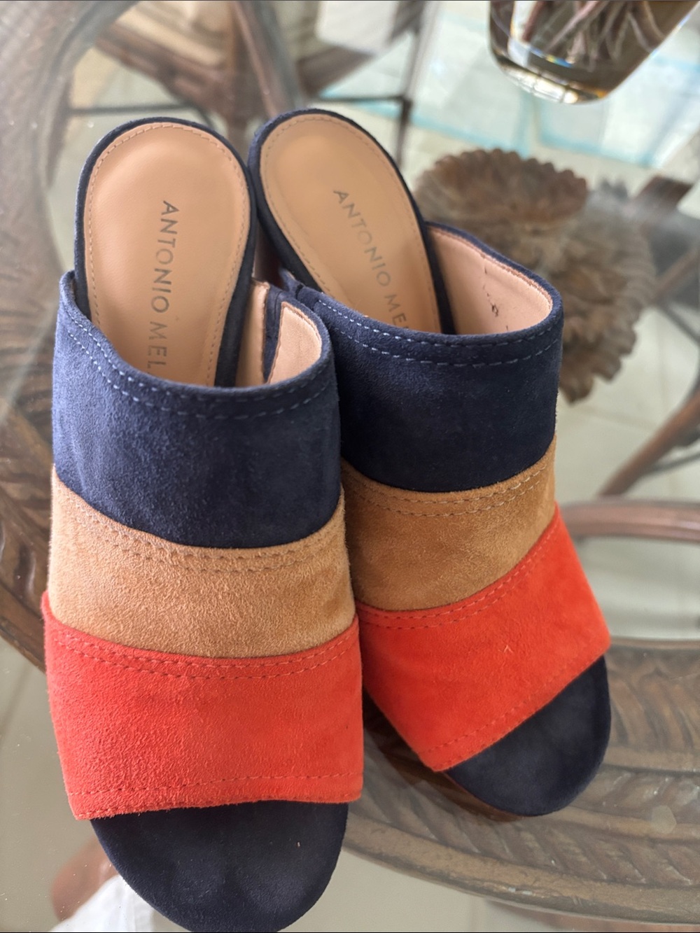 ANTONIO MELANI Suede Colorblock Slide Mules in Navy, Tan & Red